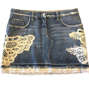 Bebe Crochet and Lace Denim Skirt